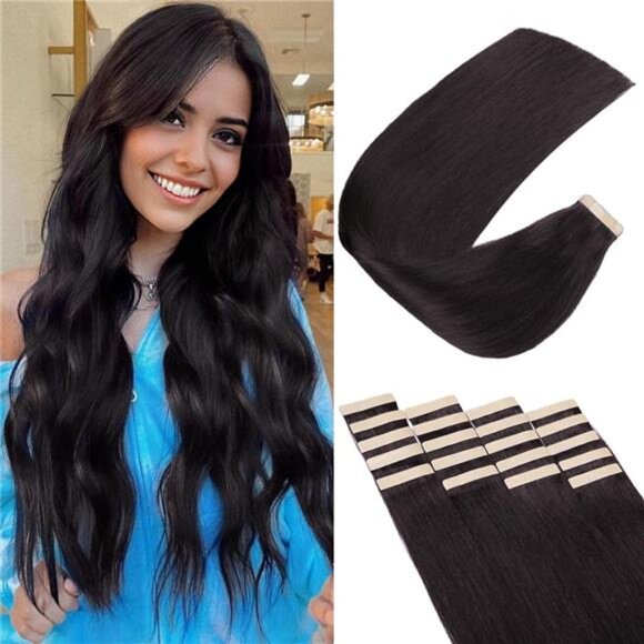 Tape in Hair Extensions Human Hair, Hair Extensions 18 Inch 20pcs Natural Black - Picture 1 of 8